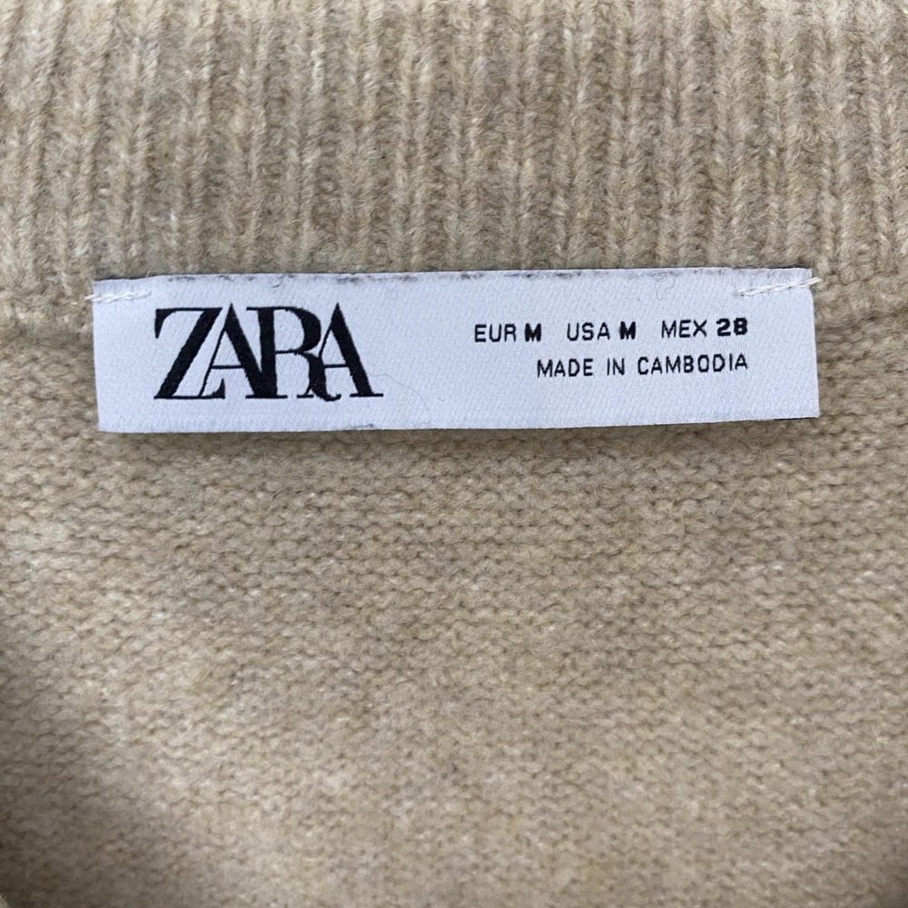 Zara Sweater Womens Medium Beige Collared Striped Button Knit Old Money Pullover - Picture 6 of 13